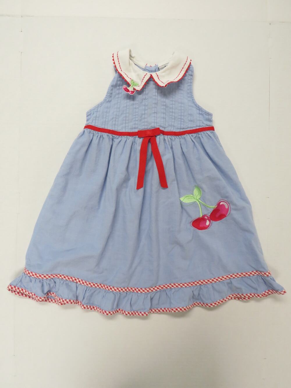 100% Cotton Girls Size 5 Dress Cherries Denim Blue Red Gingham Summer Cottage